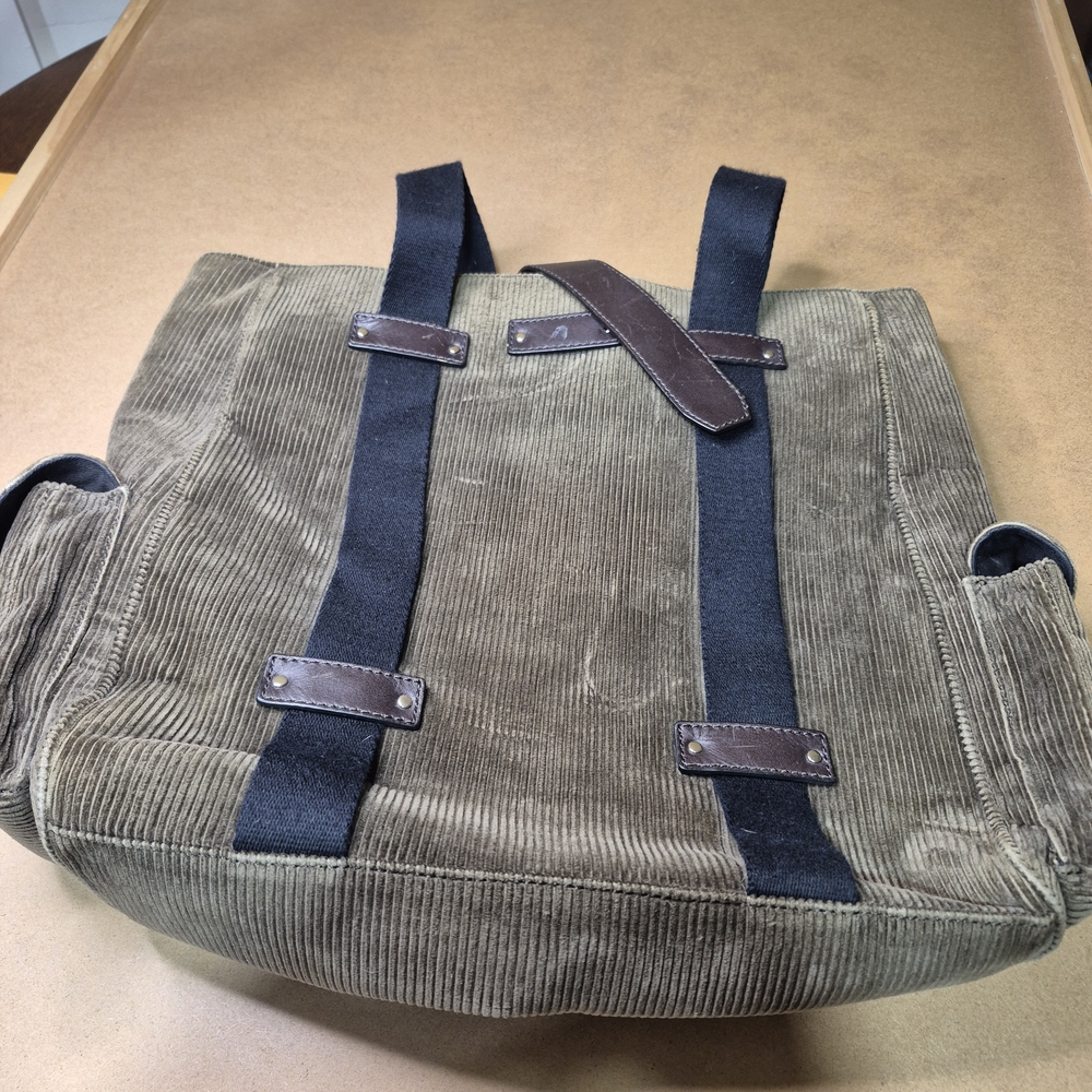 Men's Olive Corduroy Backpack with Black And Brown Straps